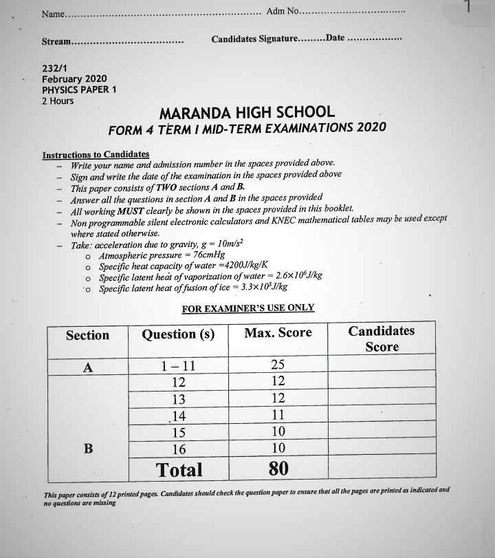 Maranda High School Physics Paper 1 Mid-Term 1 Form 4 2020 Past Paper