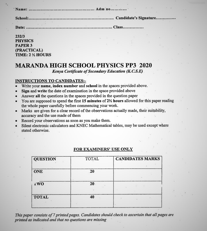 Maranda High School Physics Paper 3 Mid-Term 1 Form 4 2020 Past Paper
