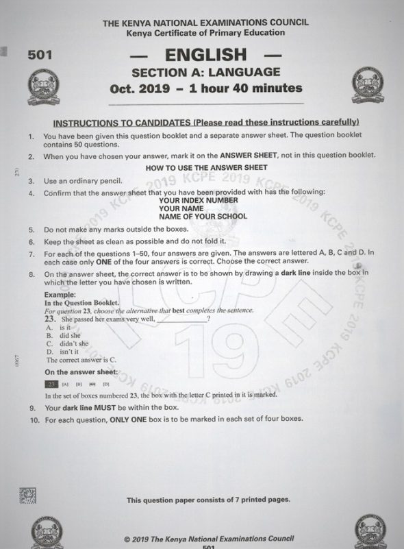 2019 KCPE KNEC English Questions with (Marking Scheme) Past Paper.