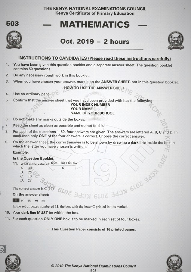 2019 KCPE KNEC Mathematics Questions with (Marking Scheme) Past Paper.
