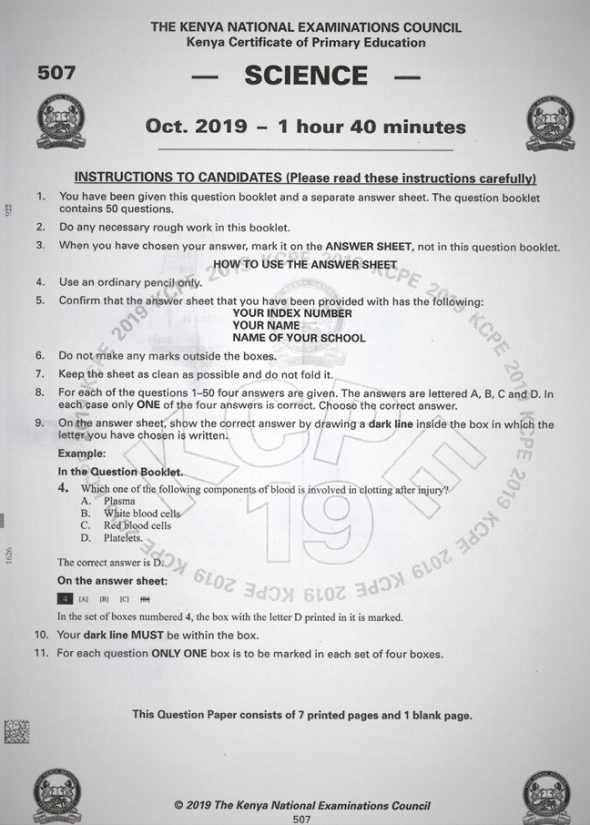 2019 KCPE KNEC Science Questions with (Marking Scheme) Past Paper.