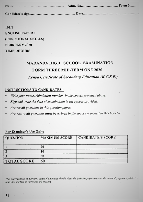 Maranda English Form 3 Paper 1 Mid-Term 1