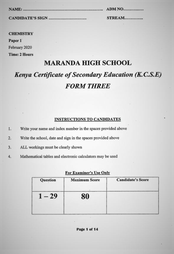 Maranda Chemistry Form 3 Paper 1 Mid-Term 1