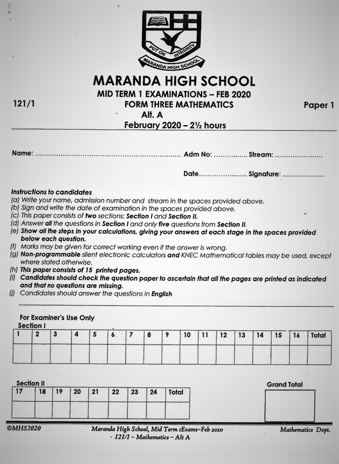 Maranda Mathematics Form 3 Paper 1 Mid-Term 1