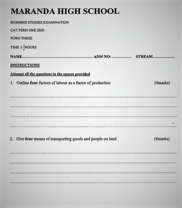 Maranda Business Studies Form 3 Paper 1 Mid-Term 1