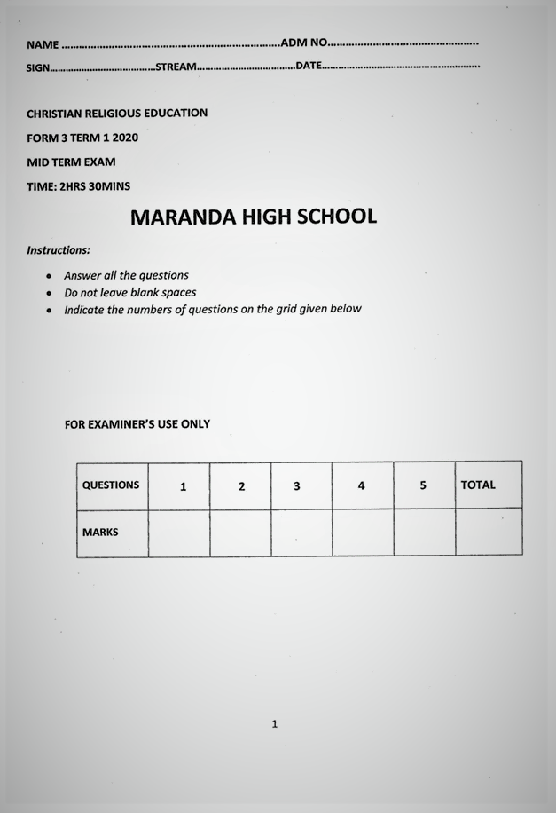 Maranda C.R.E Form 3 Paper 2 Mid-Term 1