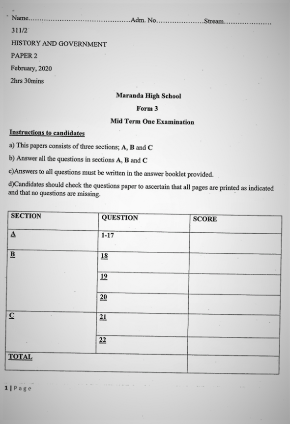 Maranda History and Government Form 3 Paper 2 Mid-Term 1