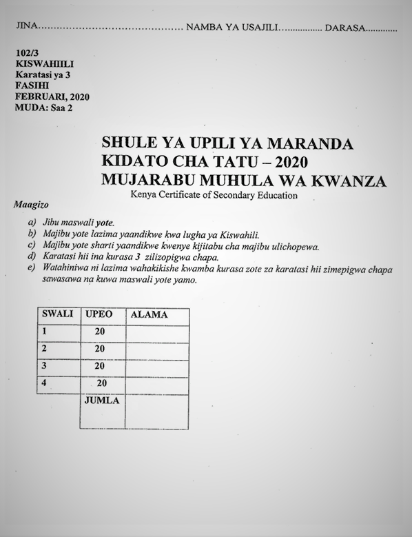 Maranda Kiswahili Form 3 Paper 3 Mid-Term 1