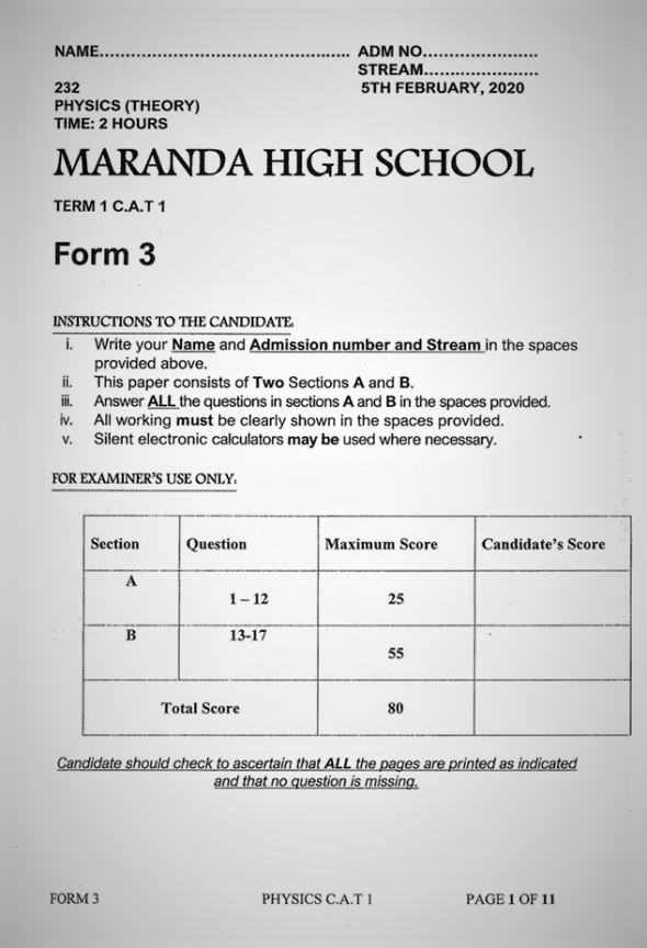 Maranda Physics Form 3 (Theory) Mid-Term 1
