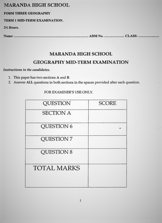 Maranda Geography Form 3 Mid-Term 1