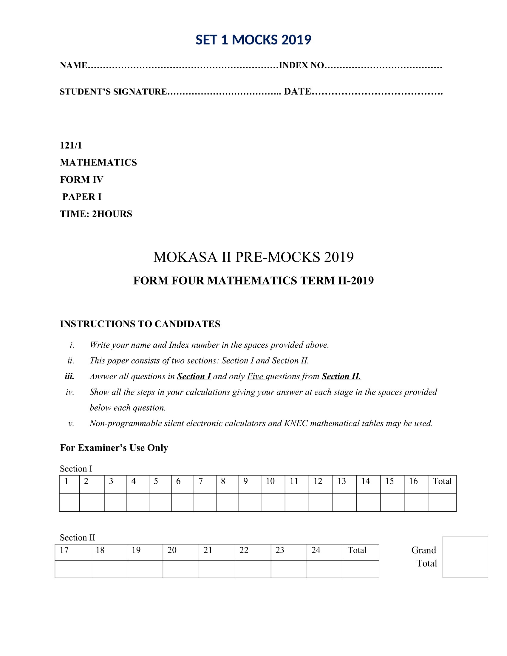 Mathematics Paper 1 Mokasa Pre-Mock 2019