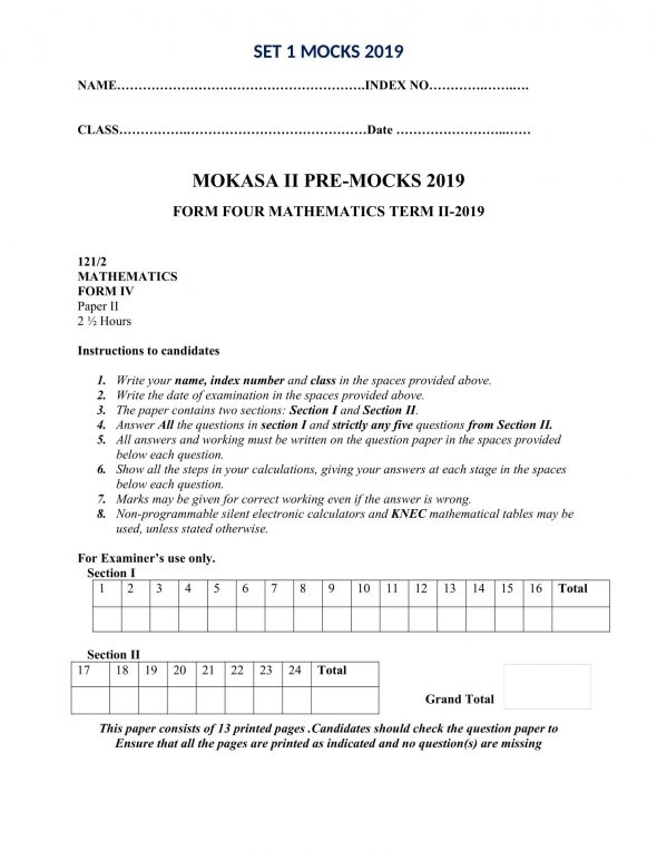 Mathematics Paper 2 Mokasa Pre-Mock 2019 (with Answers)