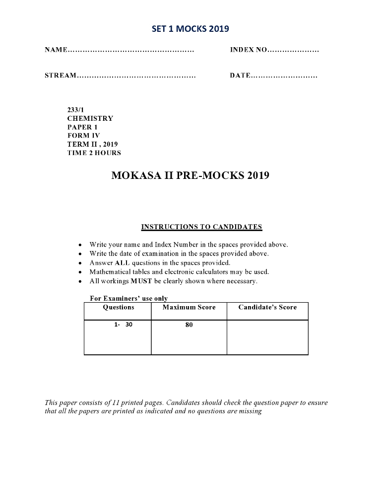 Chemistry Paper 1 Mokasa Pre-Mock 2019 (with answers)