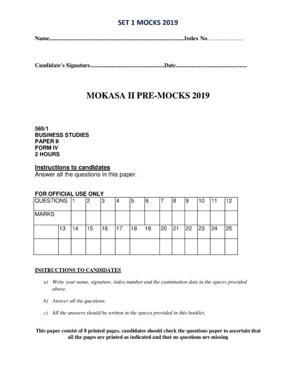 Business Studies Paper 1 Mokasa Pre-Mock 2019 (with answers)