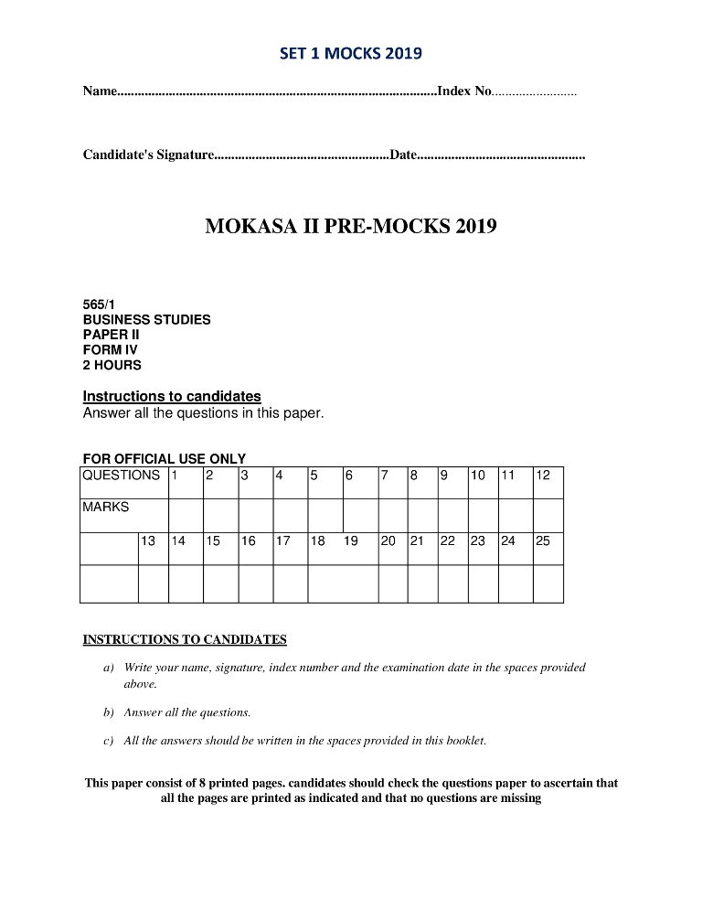 Business Studies Paper 1 Mokasa Pre-Mock 2019 (with answers)