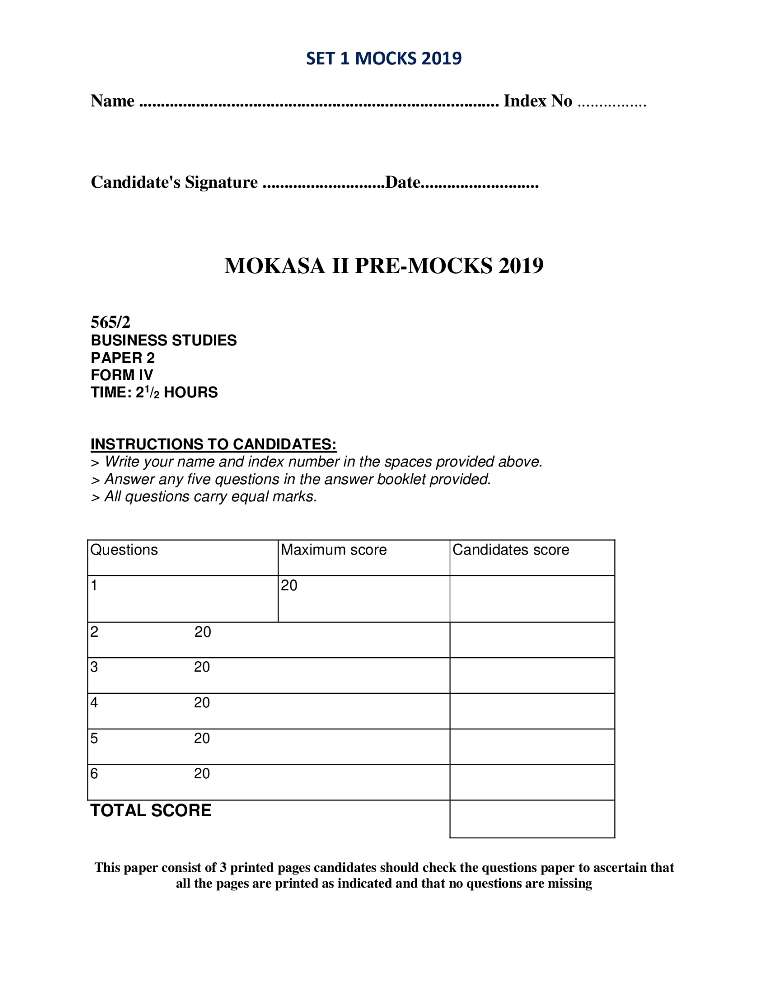 Business Studies Paper 2 Mokasa Pre-Mock 2019 (with answers)