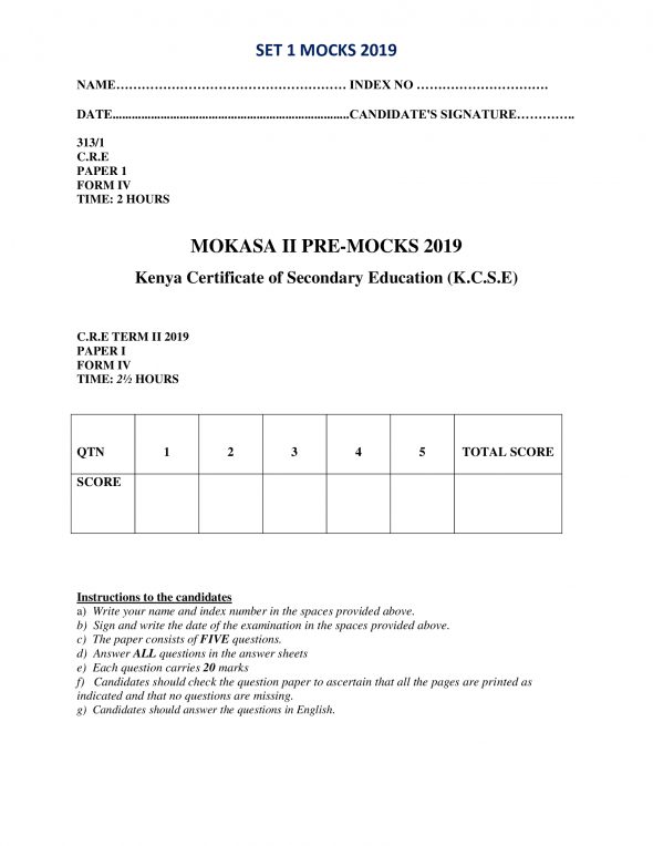 C.R.E Paper 1 Mokasa Pre-Mock 2019 (with answers)