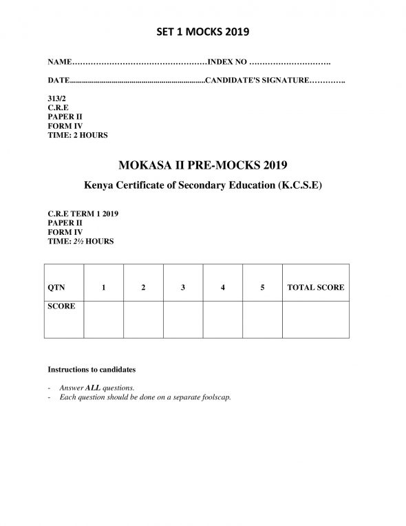 C.R.E Paper 2 Mokasa Pre-Mock 2019 (with answers)