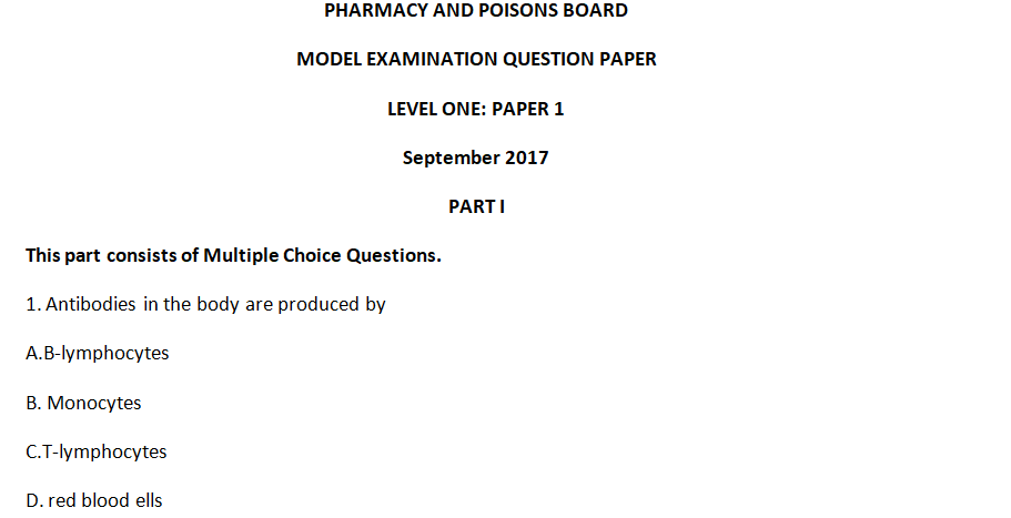 Pharmacy and Poisons Board Model Exam Level One Paper 1, 2017