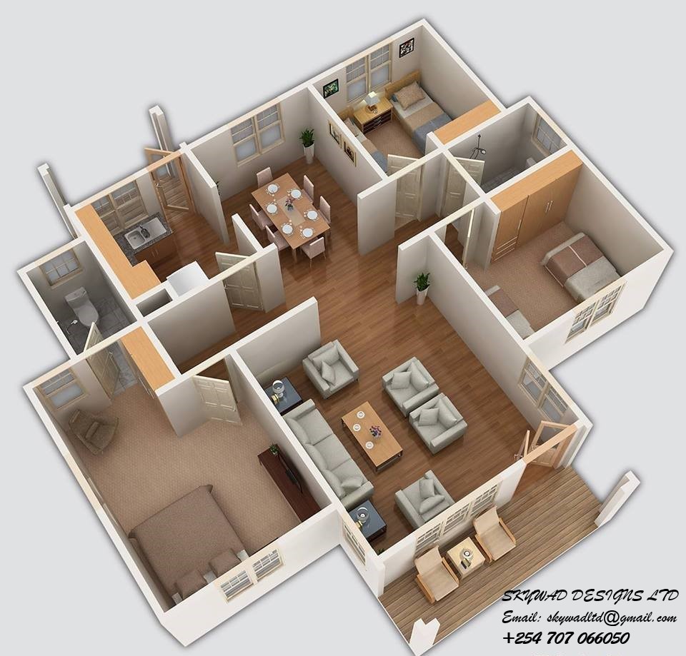  3D Design 3-Bedroom Bungalow House Plan