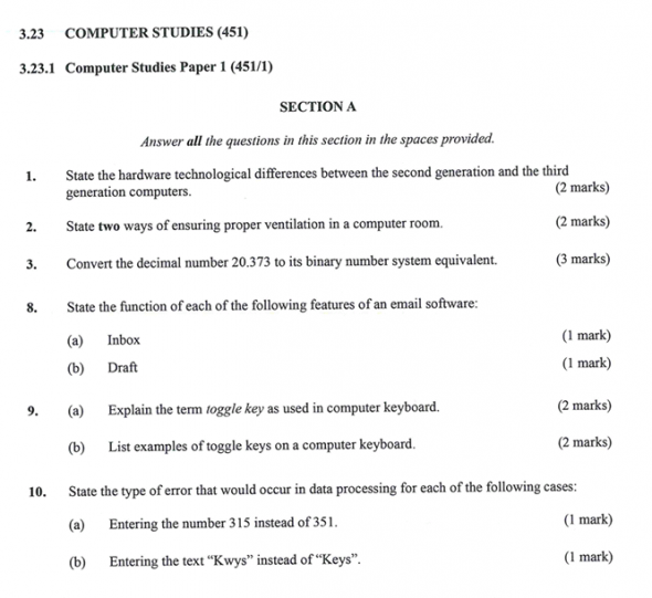 KNEC KCSE 2019 Computer Studies Paper 1 (Past Paper with Marking Scheme)