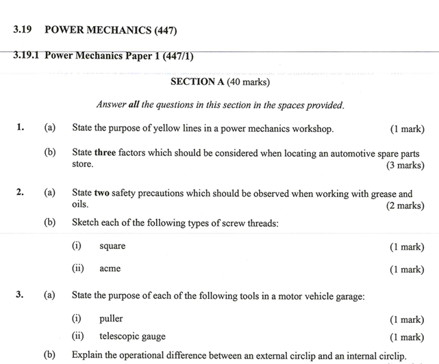 KNEC KCSE 2019 Power Mechanics Paper 1 (Past Paper with Marking Scheme)