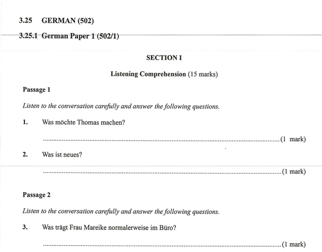 KNEC KCSE 2019 German Paper 1 (Past Paper with Marking Scheme)