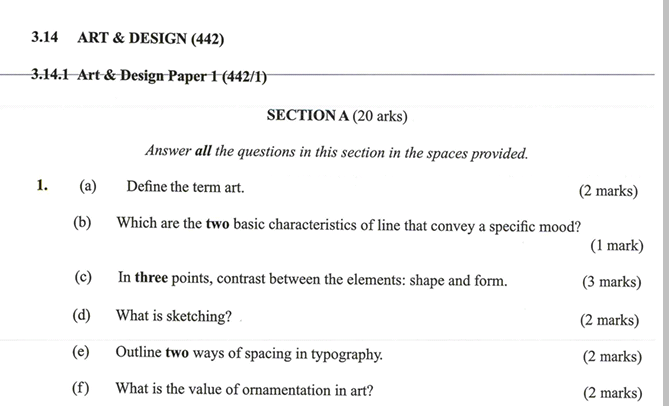 KNEC KCSE 2019 Art & Design Paper 1 (Past Paper with Marking Scheme)