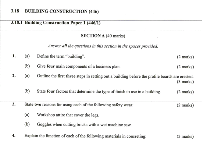 KNEC KCSE 2019 Building Construction Paper 1 (Past Paper with Marking Scheme)