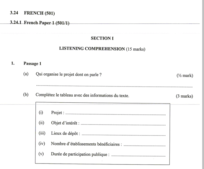 KNEC KCSE 2019 French Paper 1 (Past Paper with Marking Scheme)