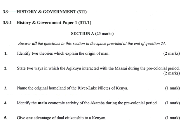 KNEC KCSE 2019 History & Government Paper 1 (Past Paper with Marking Scheme)