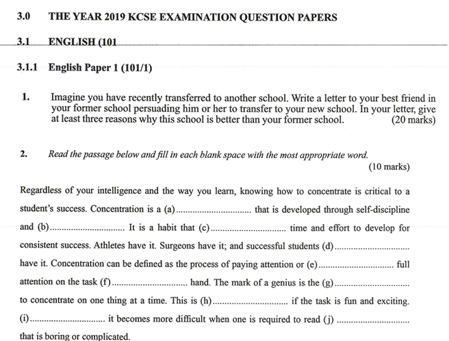 KNEC KCSE 2019 English Paper 1 (Past Paper with Marking Scheme)