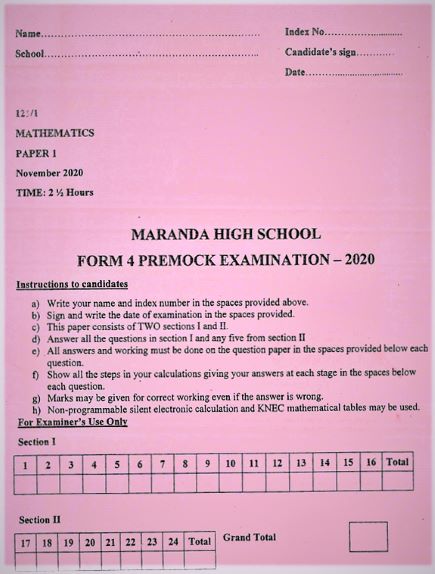 Maranda Pre-Mock Mathematics Form 4 Paper 1 (2020 Past Paper)