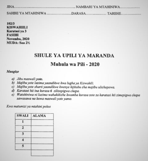 Maranda Pre-Mock Kiswahili Form 4 Paper 3 (2020 Past Paper)