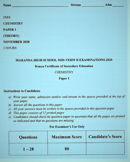 Maranda Pre-Mock Chemistry Form 4 Paper 1 (2020 Past Paper)