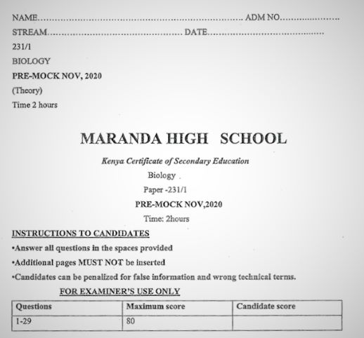 Maranda Pre-Mock Biology Form 4 Paper 1 (2020 Past Paper)