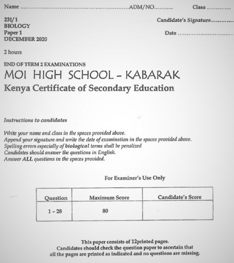 Moi High School Kabarak Biology Paper 1 Mock 2020 Past Paper