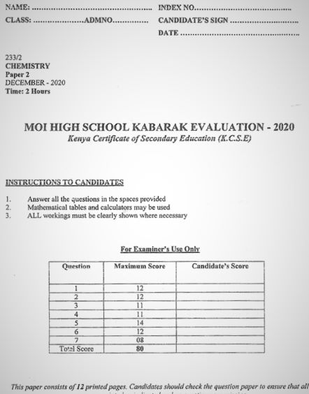 Moi High School Kabarak Mock Chemistry Paper 2 Mock 2020 Past Paper