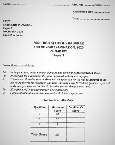 Moi High School Kabarak Chemistry Paper 3 Mock 2020 Past Paper