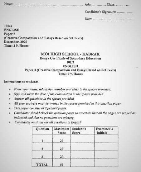 Moi High School Kabarak English Paper 3 Mock 2020 Past Paper