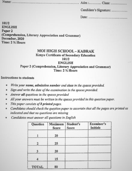 Moi High School Kabarak English Paper 2 Mock 2020 Past Paper