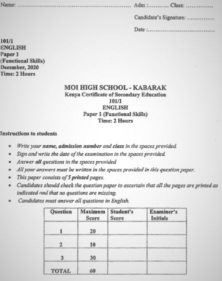Moi High School Kabarak English Paper 1 Mock 2020 Past Paper