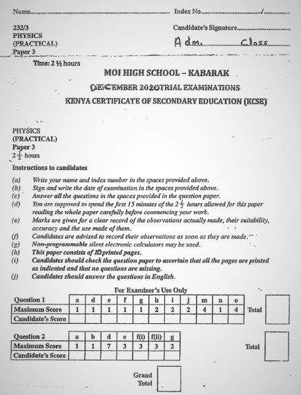 Moi High School Kabarak Physics Paper 3 Mock 2020 Past Paper