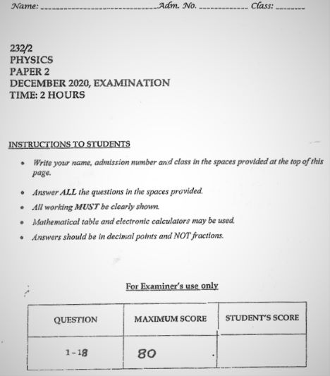 Moi High School Kabarak Physics Paper 2 Mock 2020 Past Paper