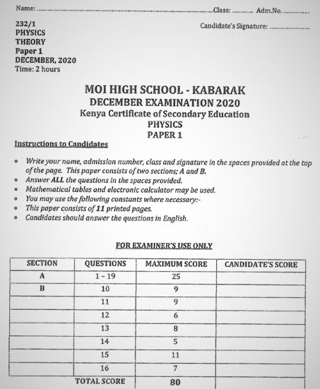 Moi High School Kabarak Physics Paper 1 Mock 2020 Past Paper