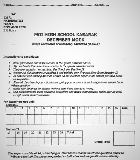 Moi High School Kabarak Mathematics Paper 1 Mock 2020 Past Paper