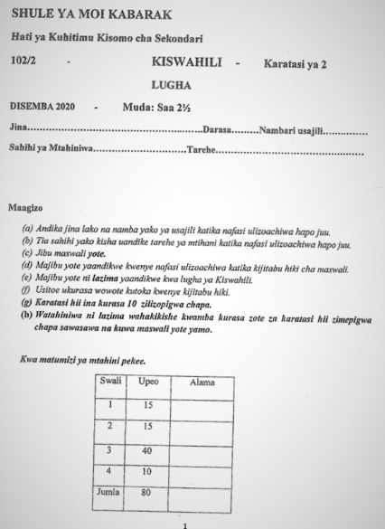Moi High School Kabarak Kiswahili Paper 2 Mock 2020 Past Paper