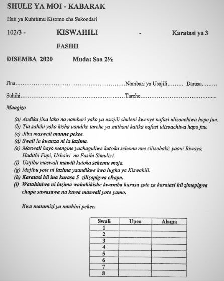 Moi High School Kabarak Kiswahili Paper 3 Mock 2020 Past Paper