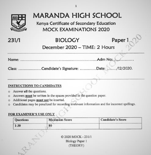 Maranda Mock Biology Paper 1 2020 ( With Marking Scheme)