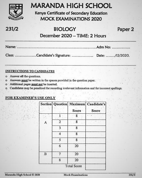 Maranda High School Mock Biology Paper 2 2020 (With Marking Scheme)